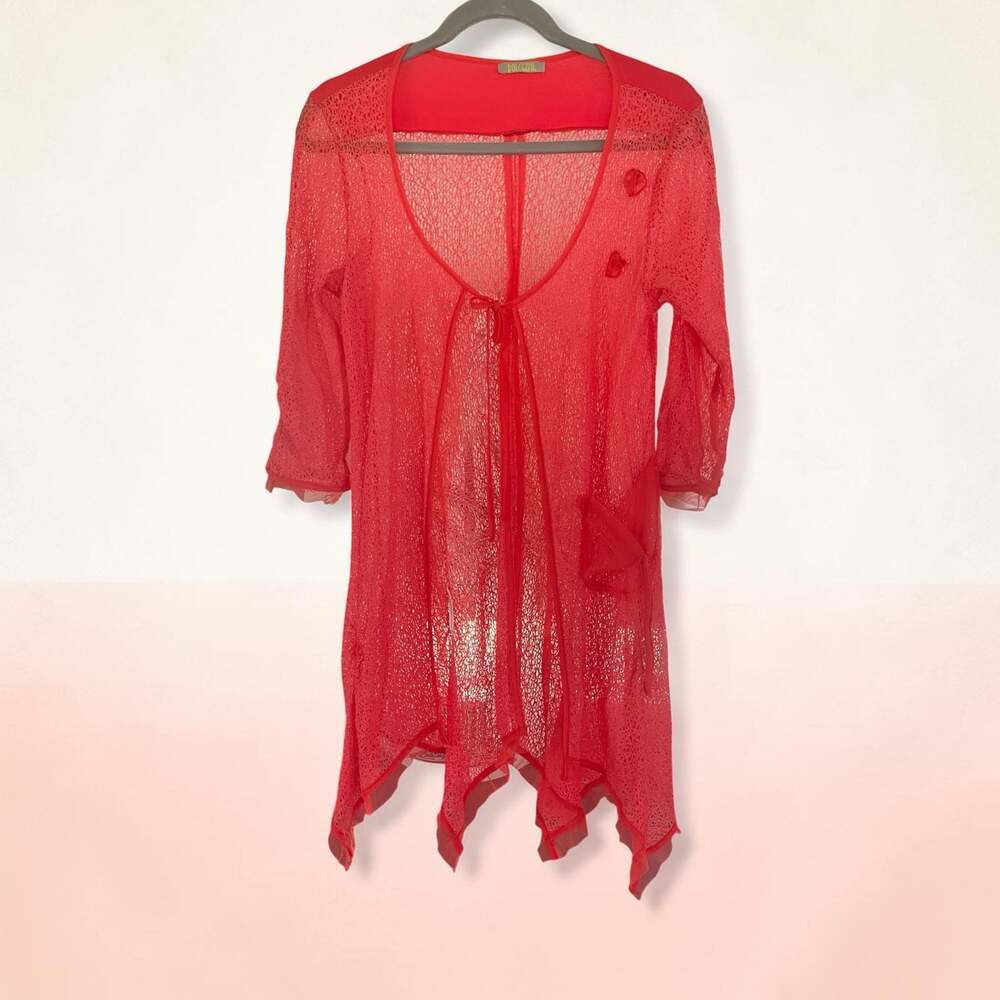 Dolcezza One Size Orange Sheer Mesh Open Front Cardigan with Tie Closure